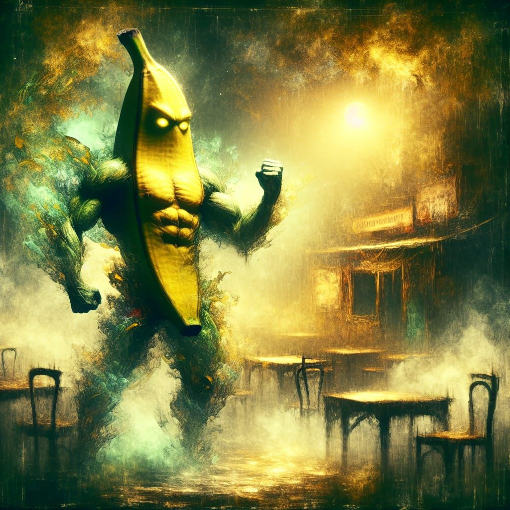 Dreamlike Spectral Banana Brawler in a Misty Tavern