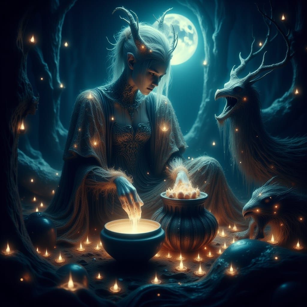 Sorceress Stirring Potion in Macabre Forest, 3D Render