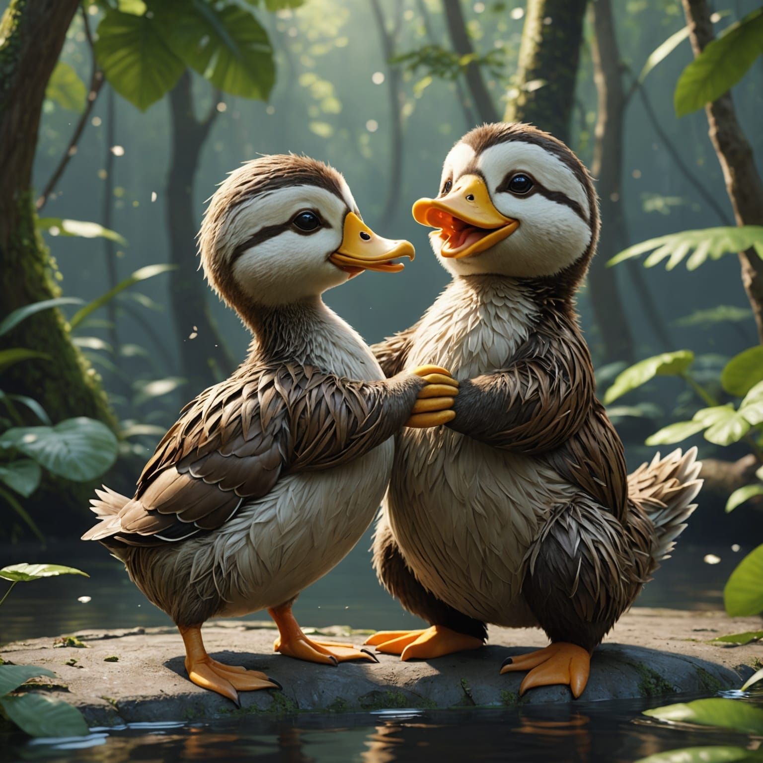 Duck and Sloth Friendship in 3D Anime Style