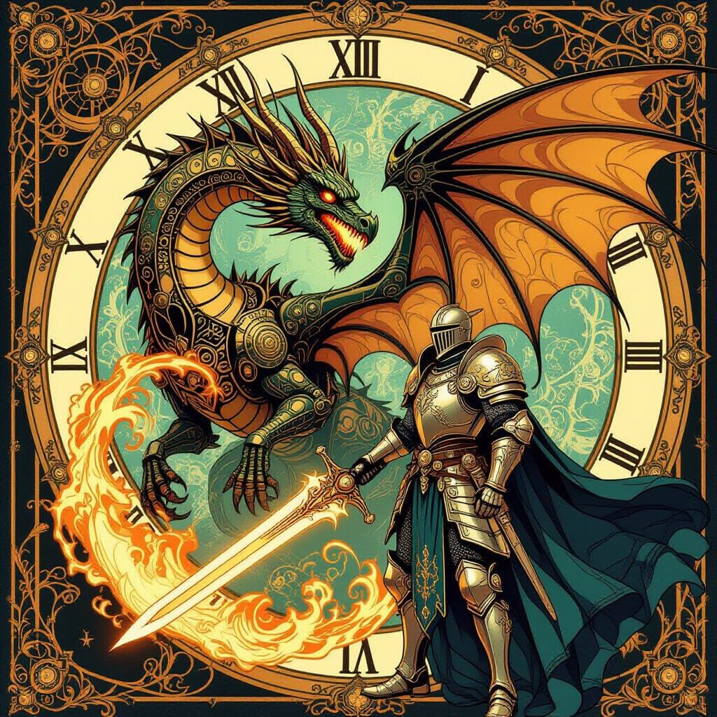Steampunk Knight Battles Clockwork Dragon in Art Nouveau Sty...