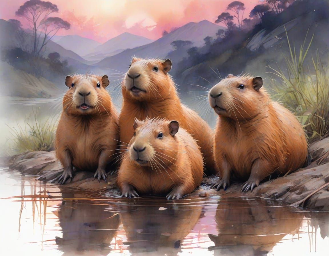 Capybaras Relaxing in Hillside Hot Spring Watercolour