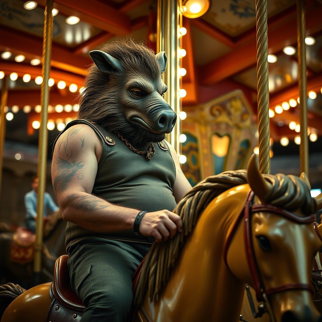 Boar-Horned Man Rides Solo on Vintage Carousel