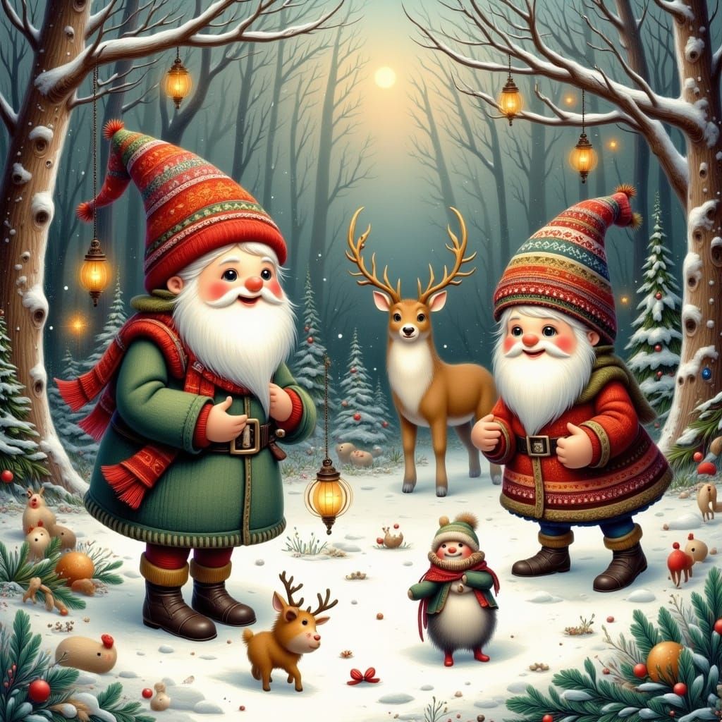 Gnomes' Snowy Forest Frolic: A Cozy Folklore Illustration