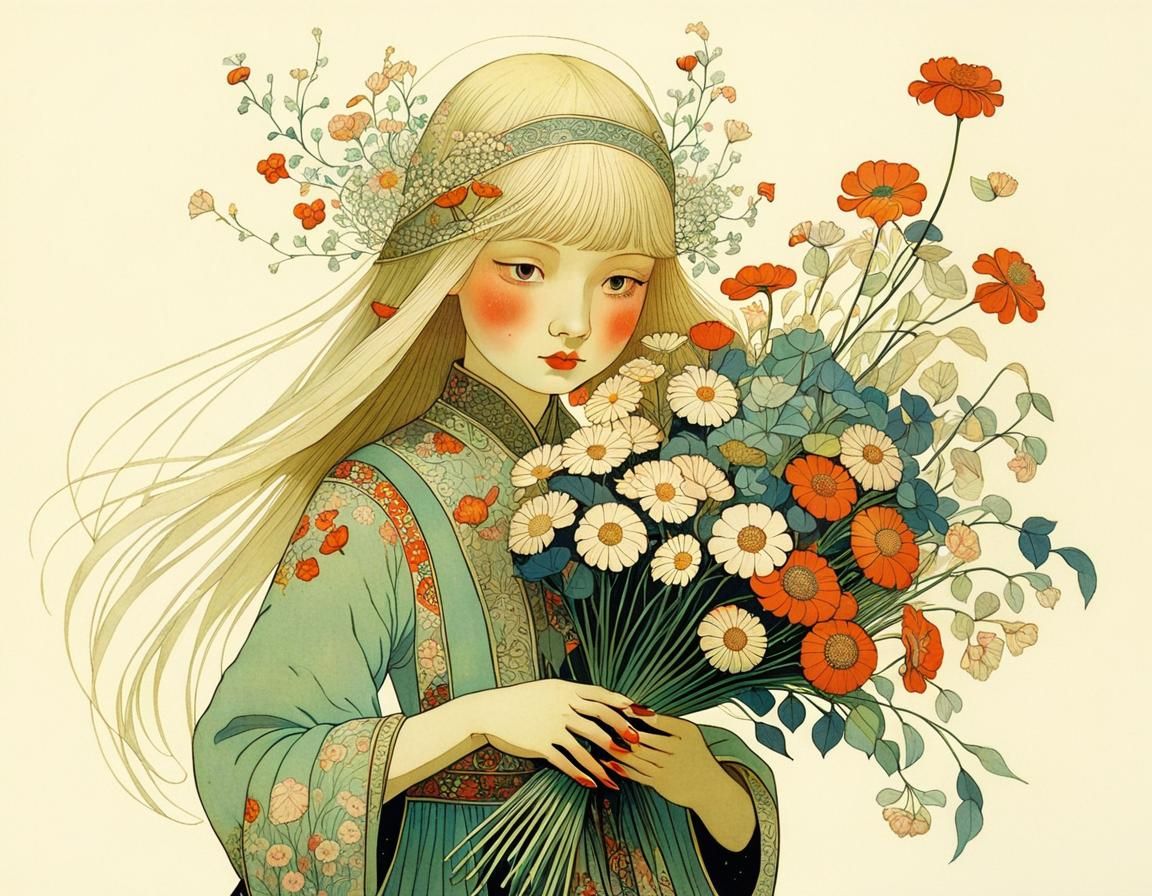 Intricate Floral Portrait of a Young Girl
