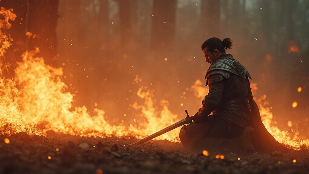 Hero Kneels in Ashes After Victory, Cinematic Fantasy Art