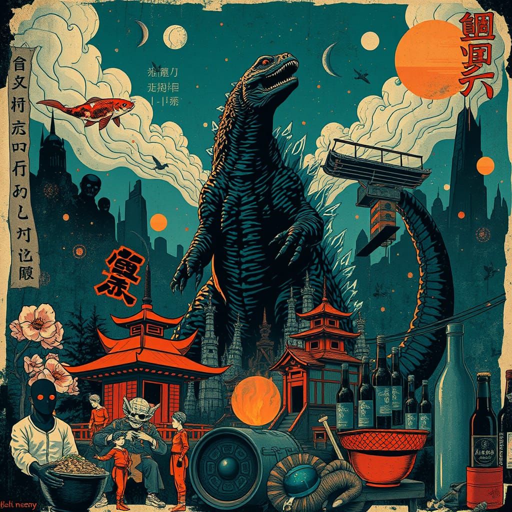Godzilla in Noir Japanese Scene as Distressed Poster