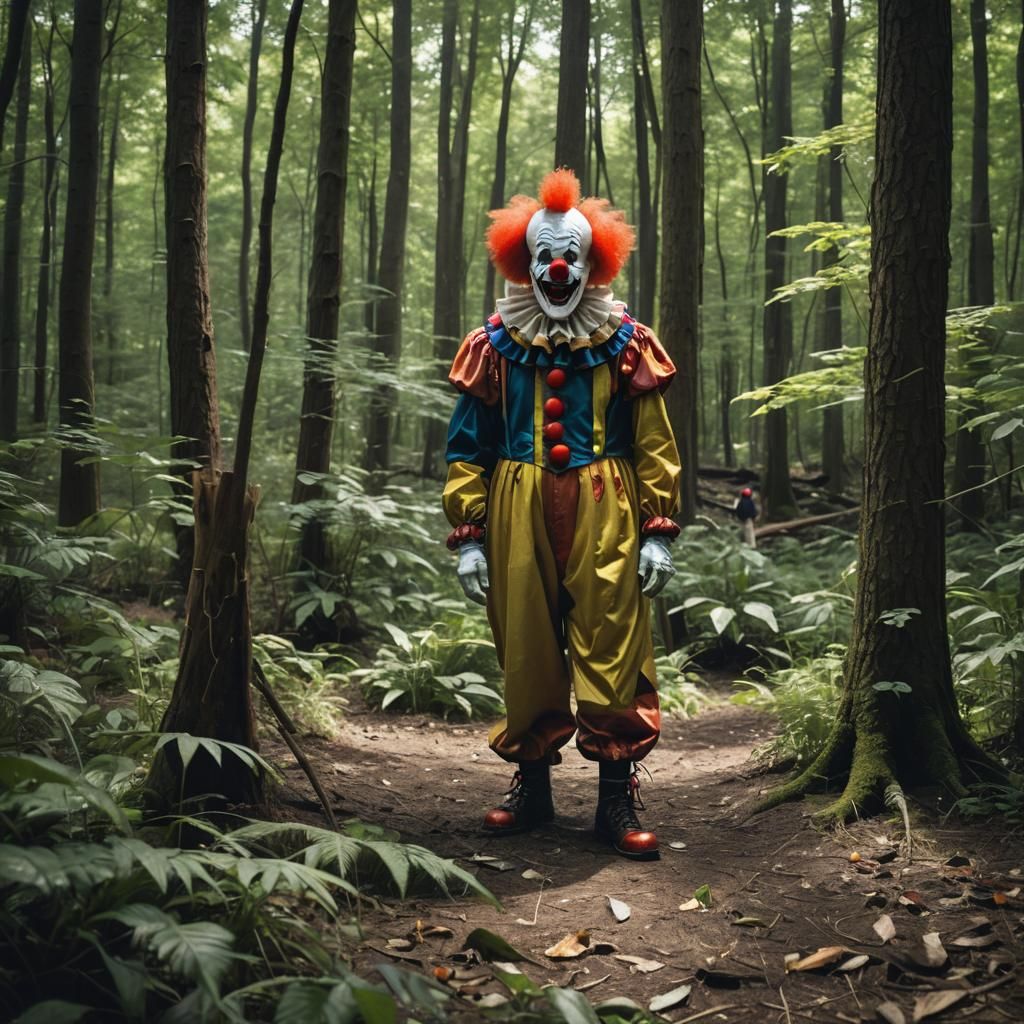 Sinister Clown Hiding in Forest, Dark Fantasy Art