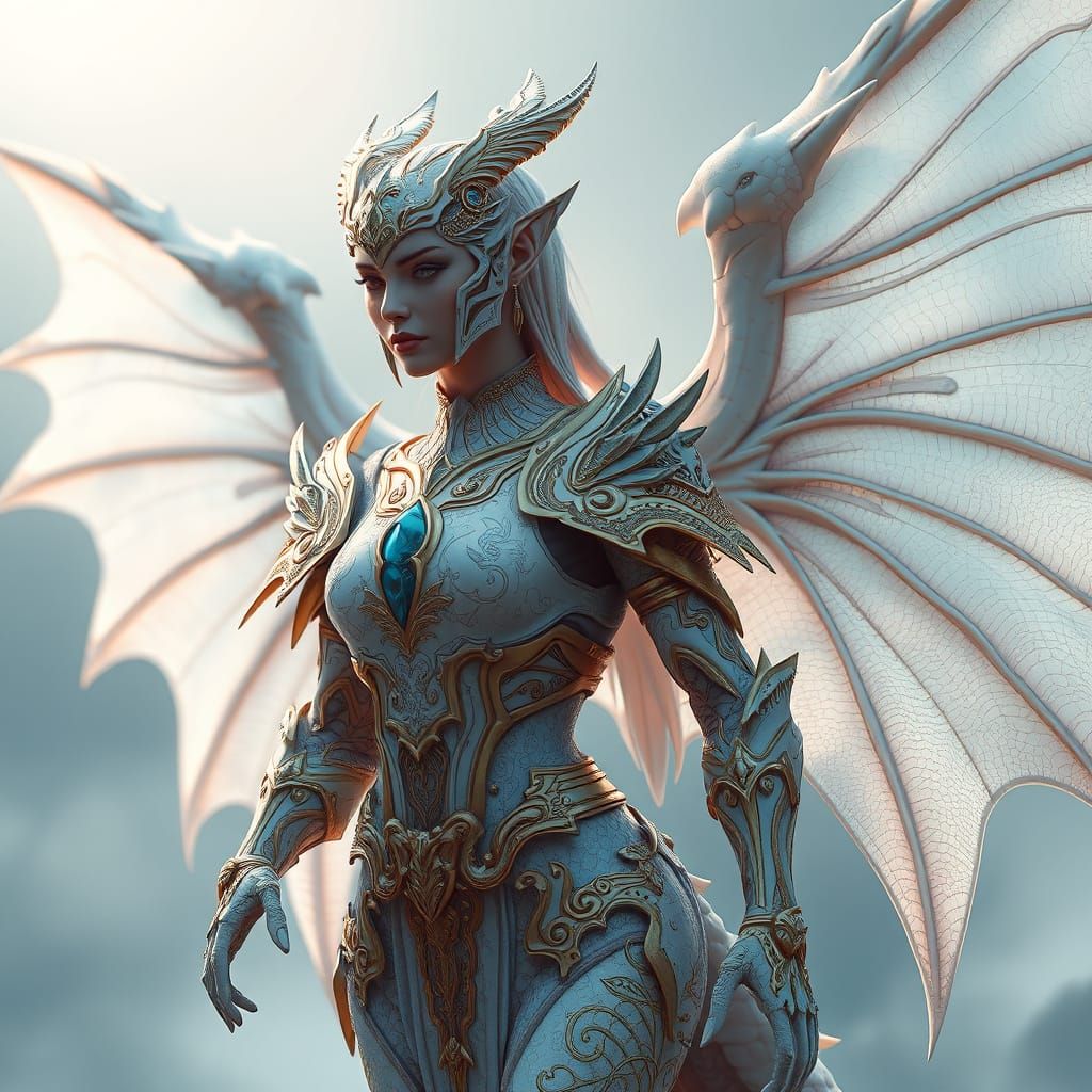 Ethereal Female Dragonkin in Opalescent Armor, Enchanted Fan...