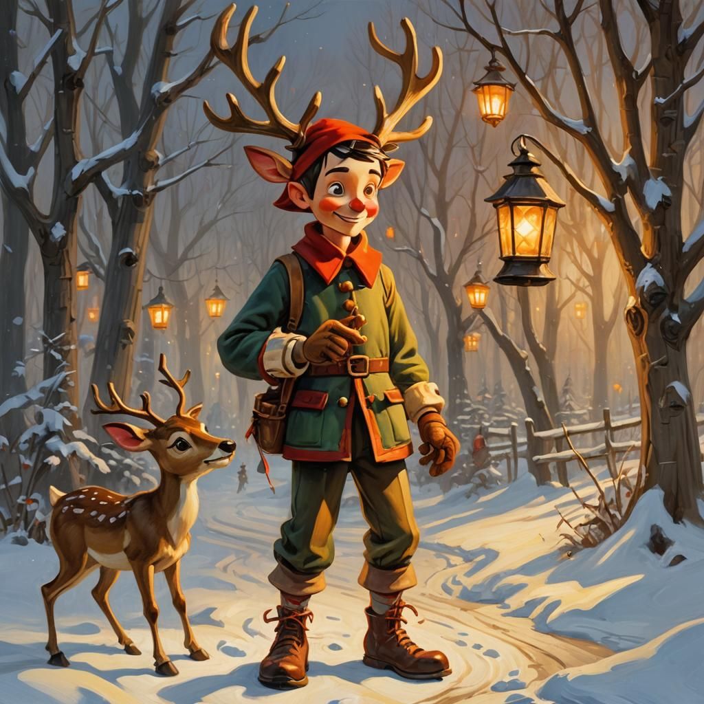 Pinocchio's Winter Sleigh Ride: A Fairy Tale Illustration