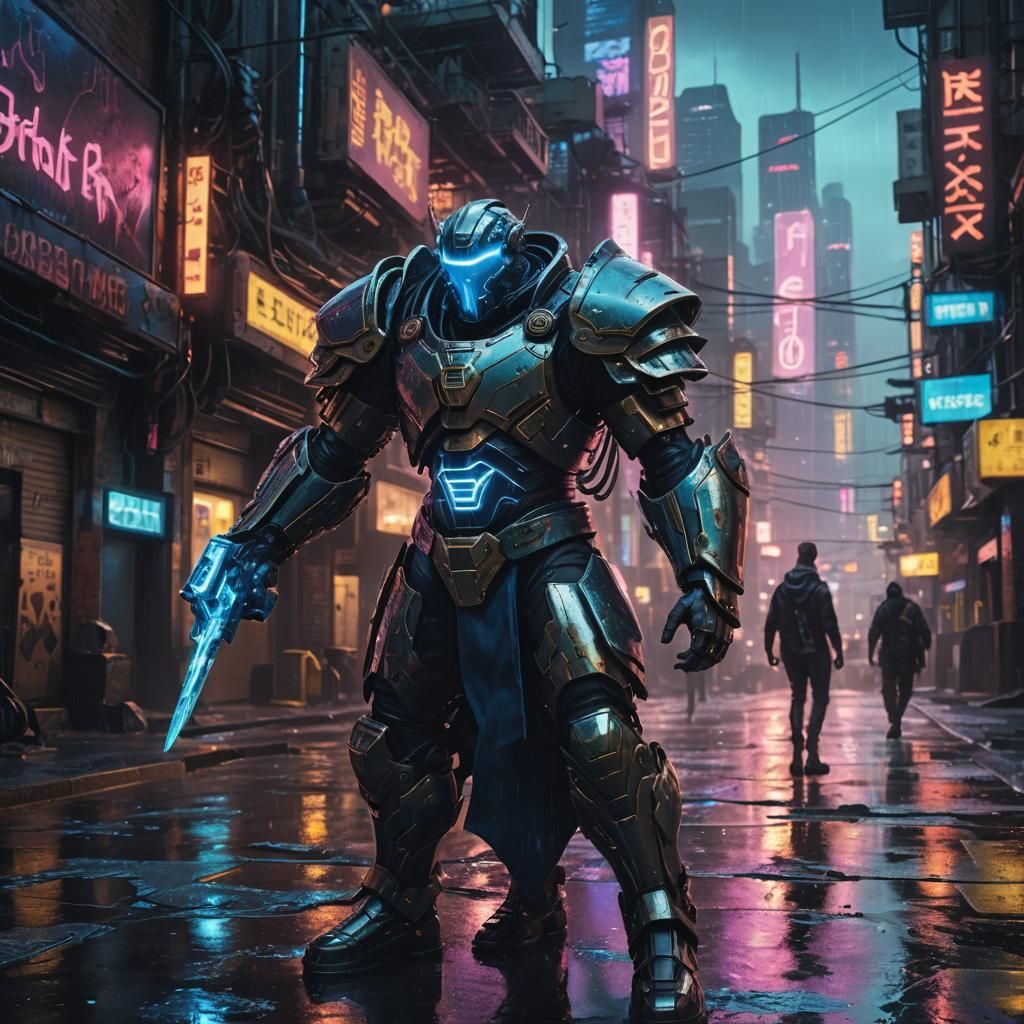 Cyberpunk Sailor Warrior with Orcish Mechanical Shield