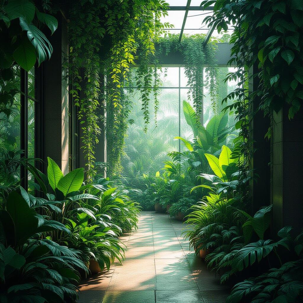 Lush Indoor Jungle with Overgrown Greenery and Tech