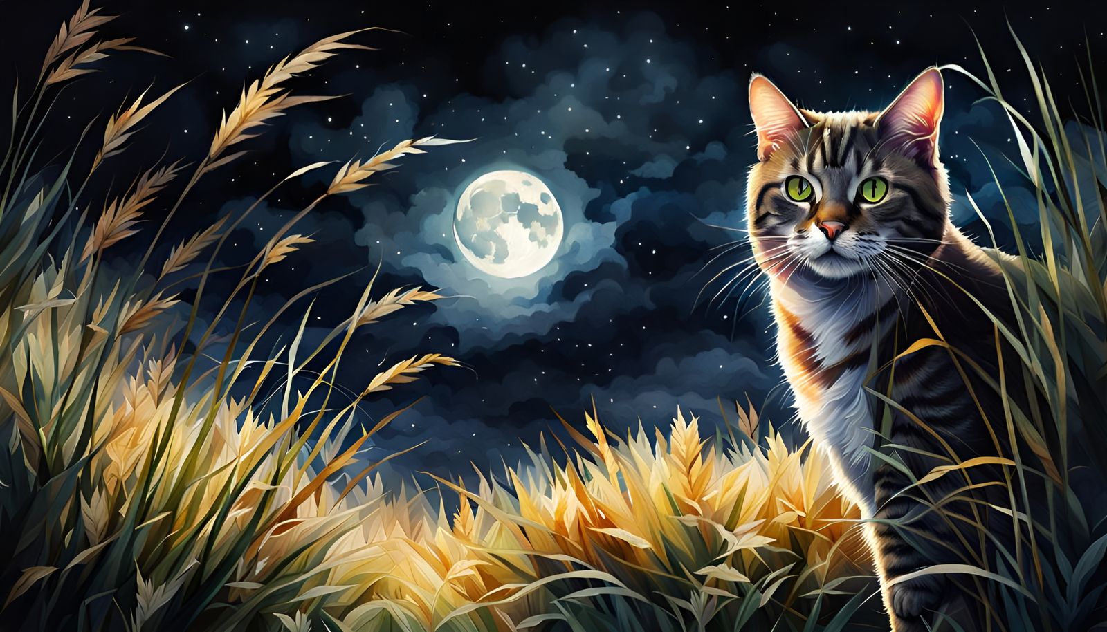 Moonlit Cat Creeping Through Tall Grass