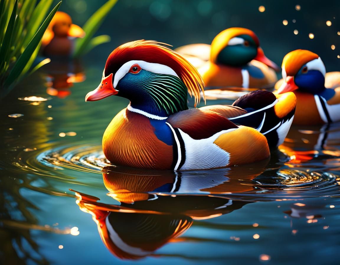 Colorful Mandarin Ducks in Magical Pond: Digital Art