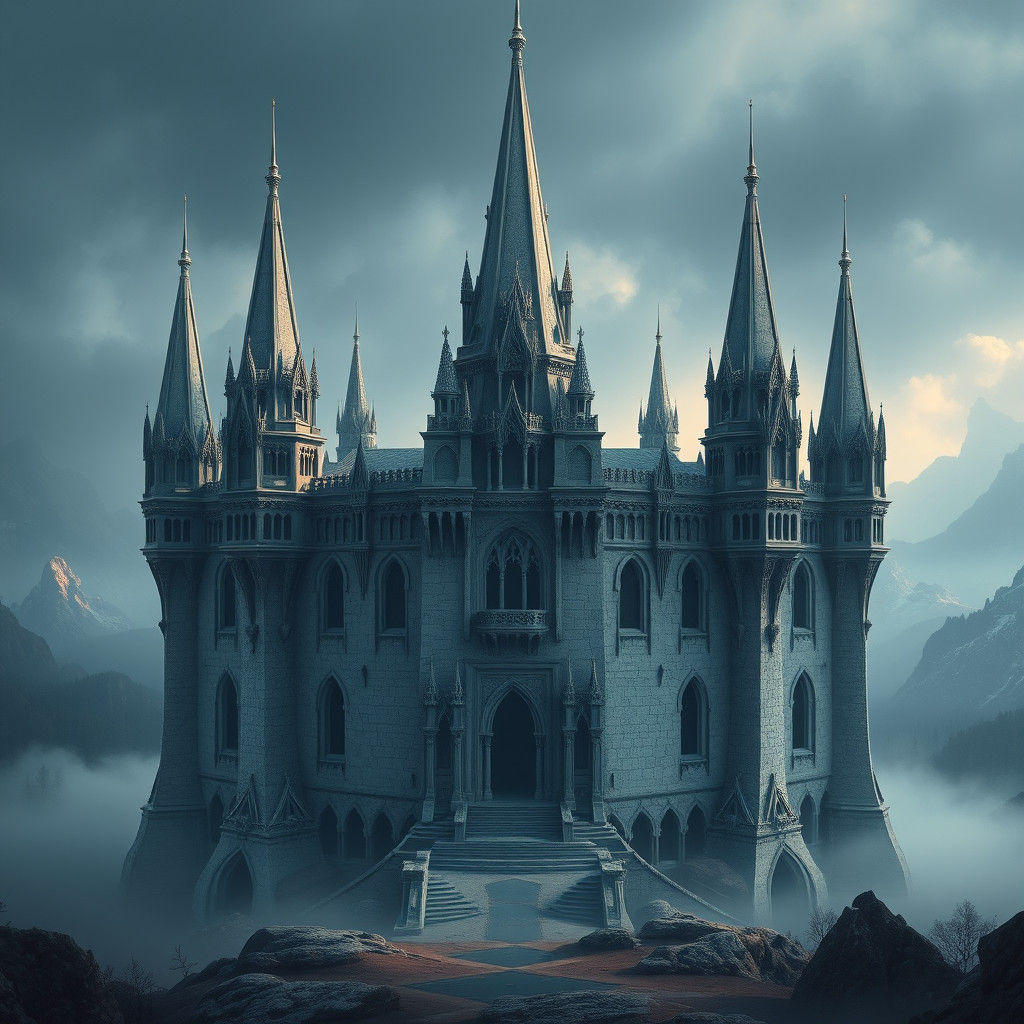 Silver Pentagon Castle with Pointed Towers in Matte Painting