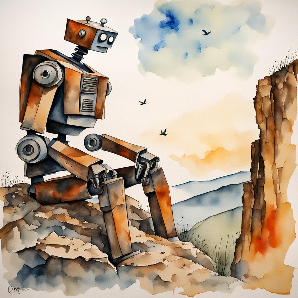 Rusted Robot Contemplating Freedom: Watercolor and Ink