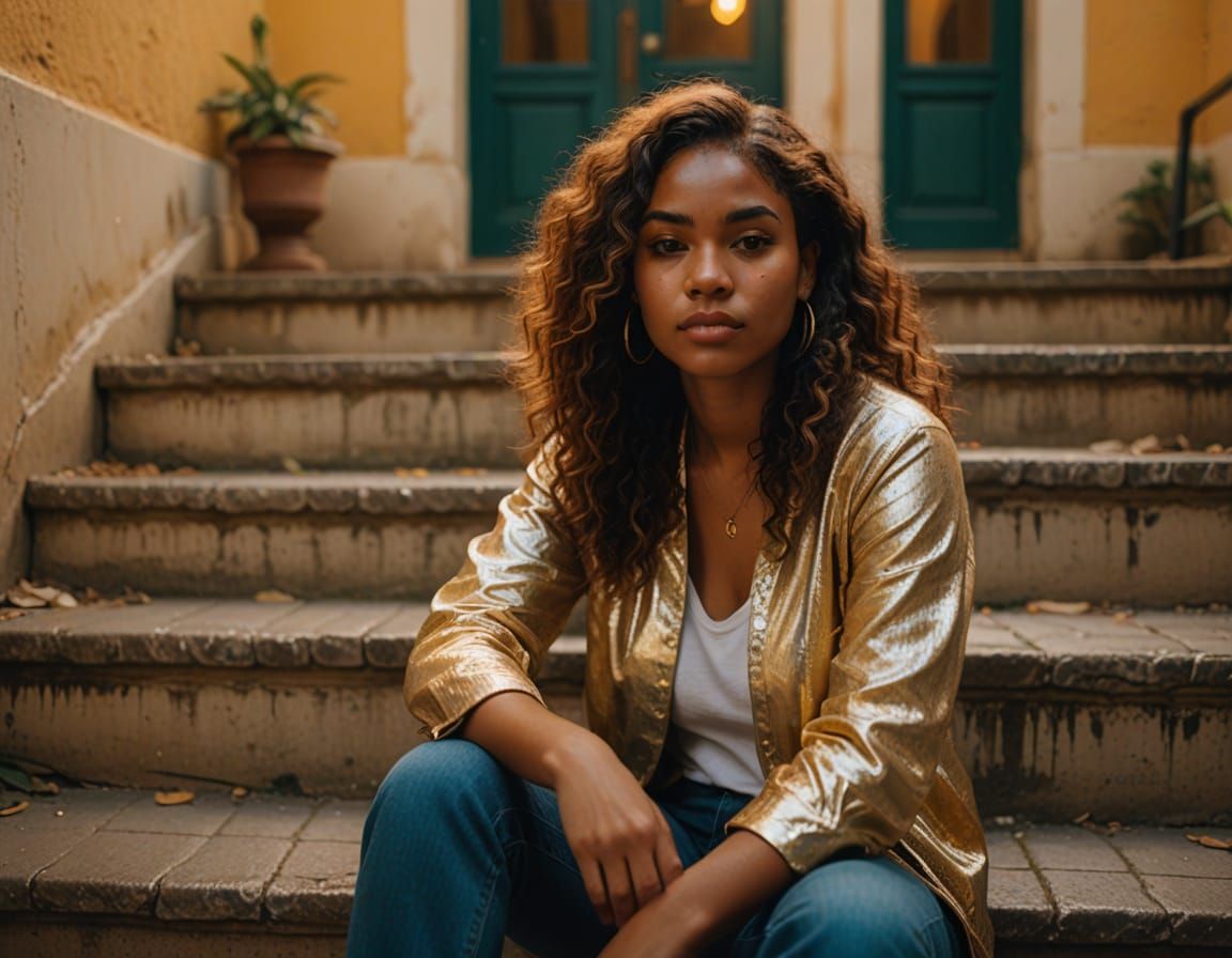 Dominican Woman on Stairs in Oil Painting Style