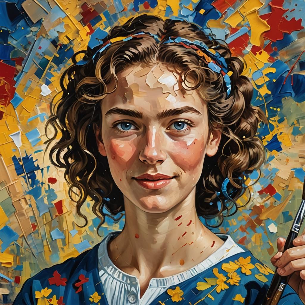 Colorful Oil Painting of Smiling Woman with Brush