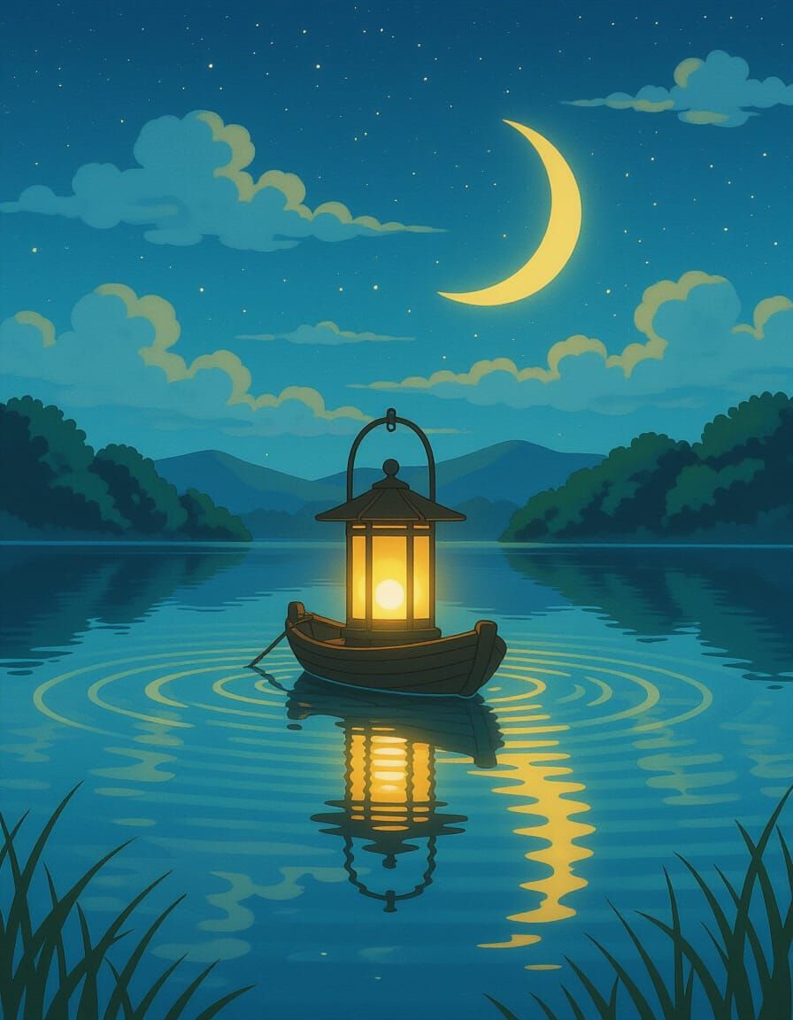 Lantern on Lake in Vintage Anime Style