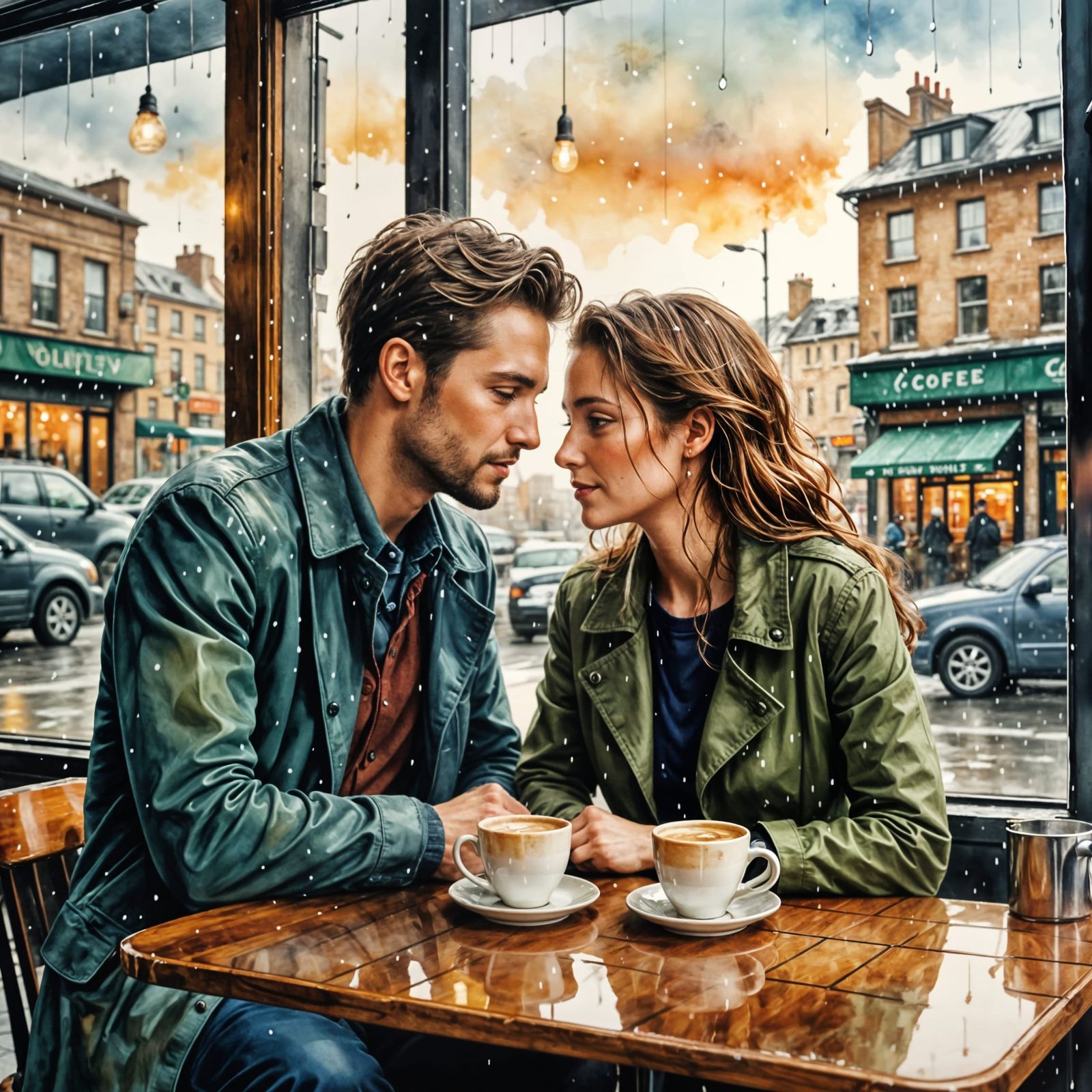 Couple in Love Over Coffee in a Rainy City Night Scene