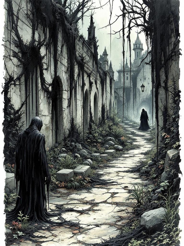 Eerie Garden Scene in Dark Fantasy Style