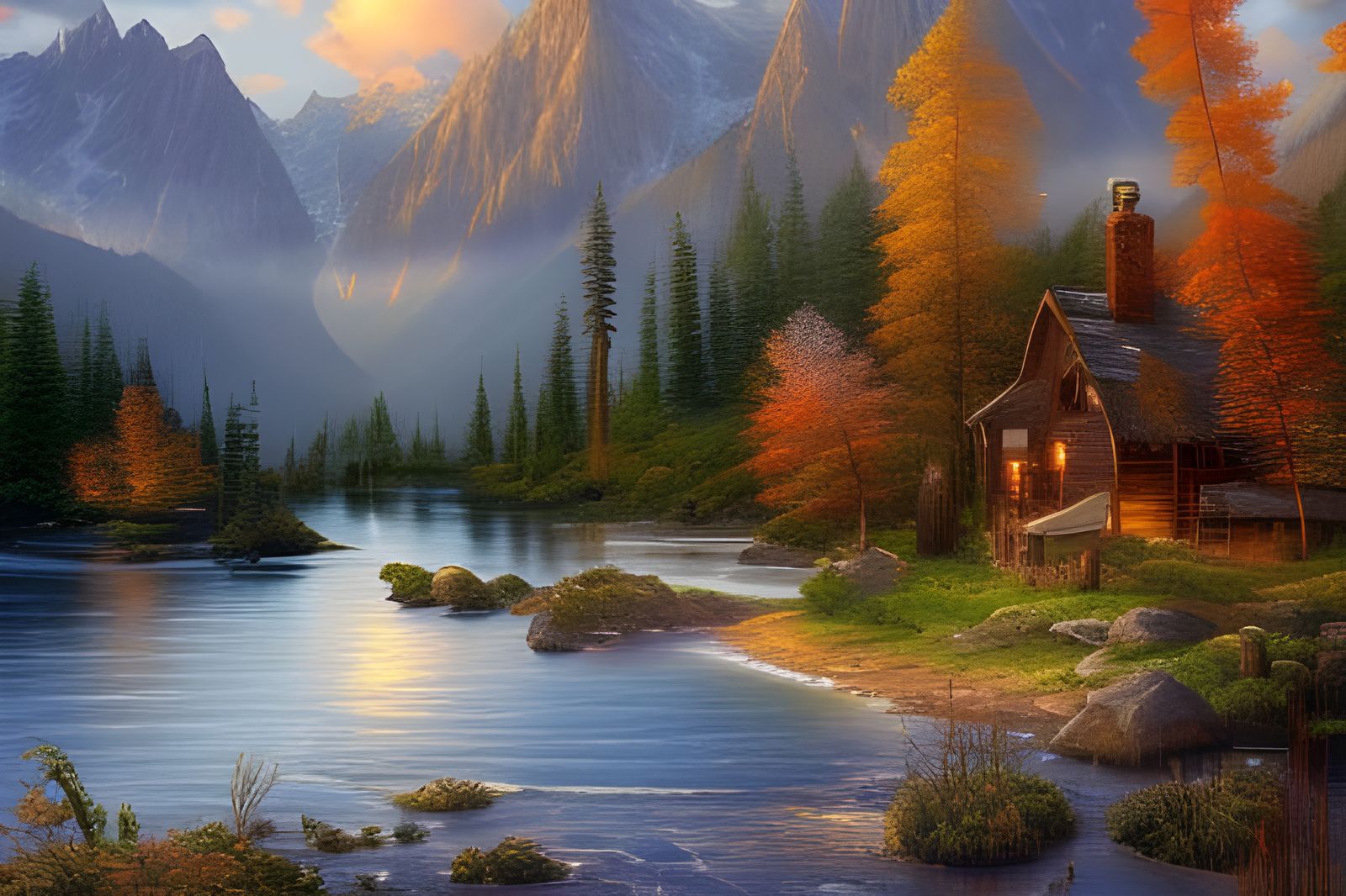 Relaxing Landscape of Mountain River With Cozy Log Cabin at ...