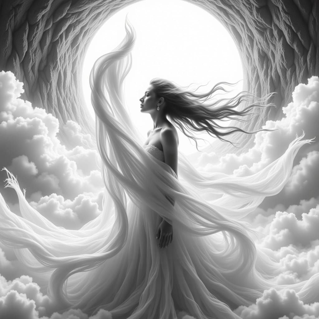 Radiant Woman Dissolving in Light: Black and White Drawing