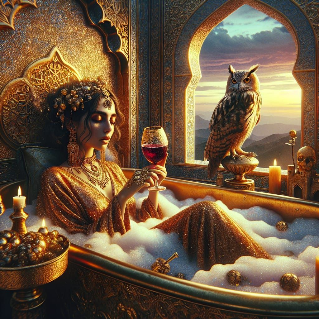 Golden Bath: Middle-Eastern Woman in Twilight, Matte Paintin...