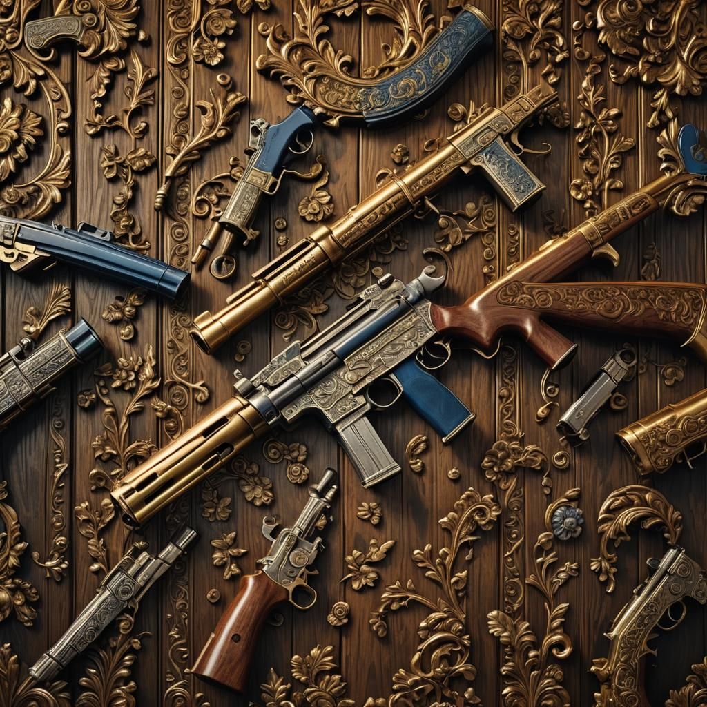 Ornate Firearms Display: Baroque-Inspired Digital Matte Pain...