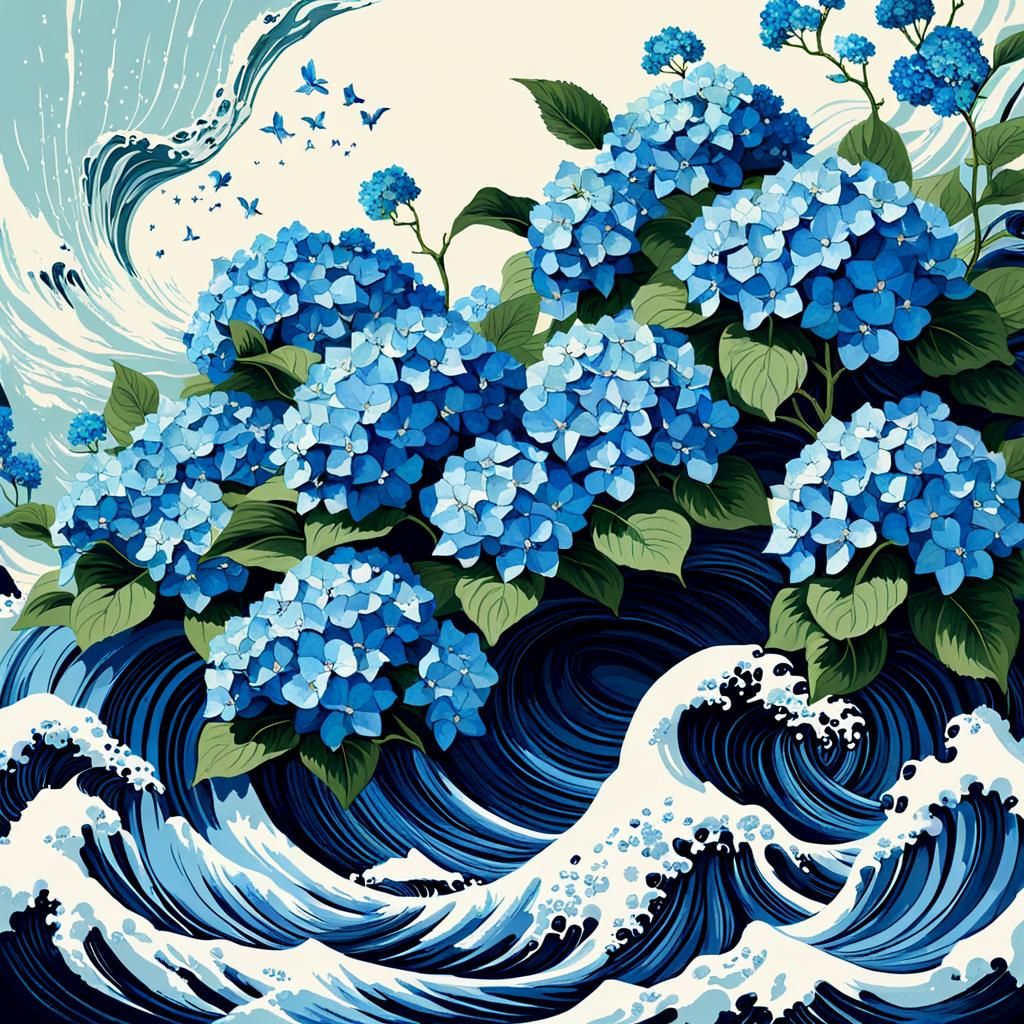 Hydrangea Wave Inspired by Hokusai, Digital Art