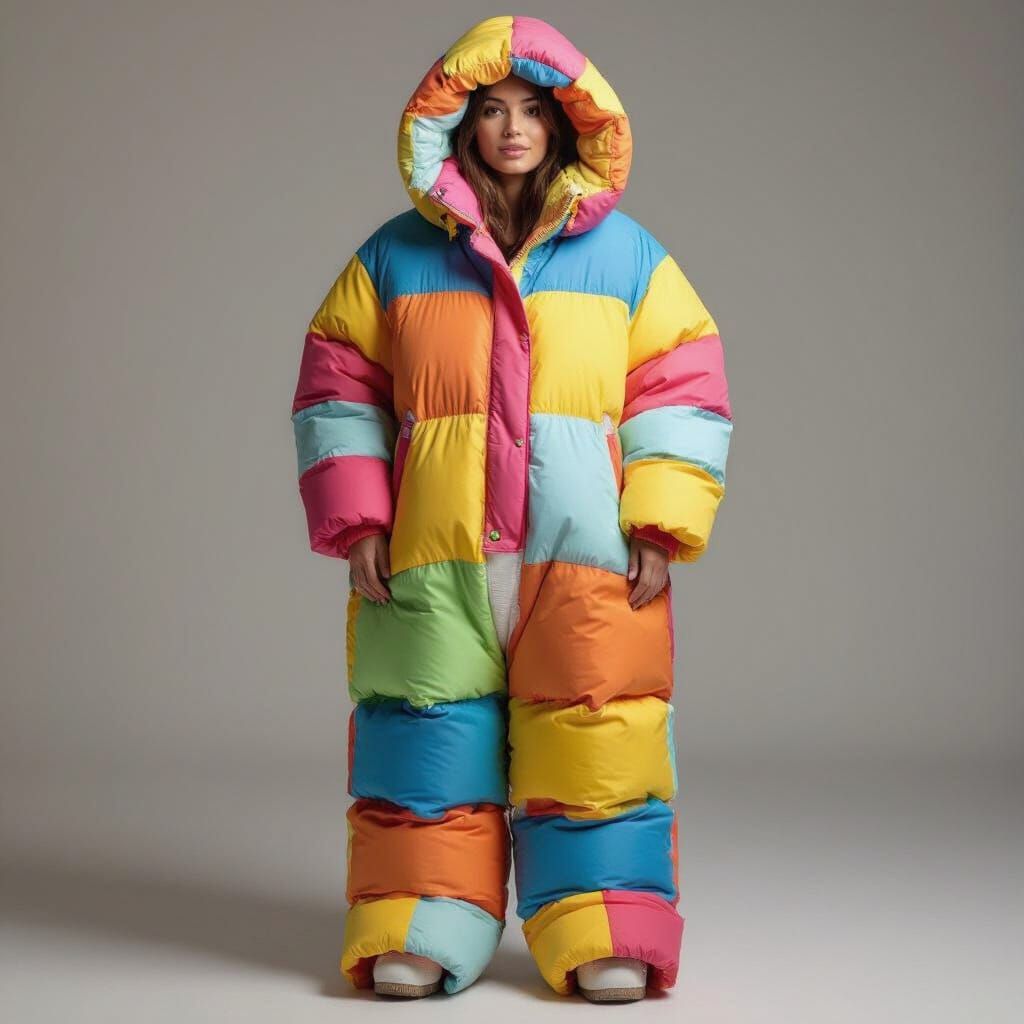 Woman in Oversized Colorful Puffy Suit with Diaper Padding