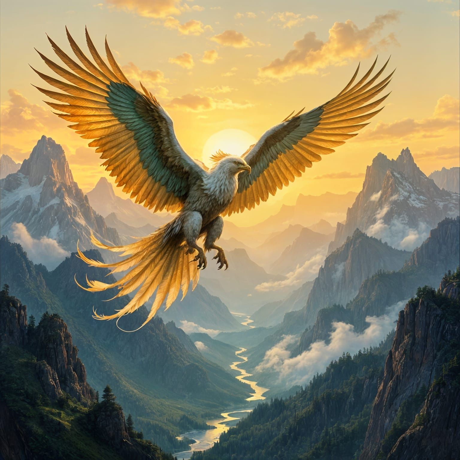 Griffin Soaring Over Misty Mountains as Oil Painting