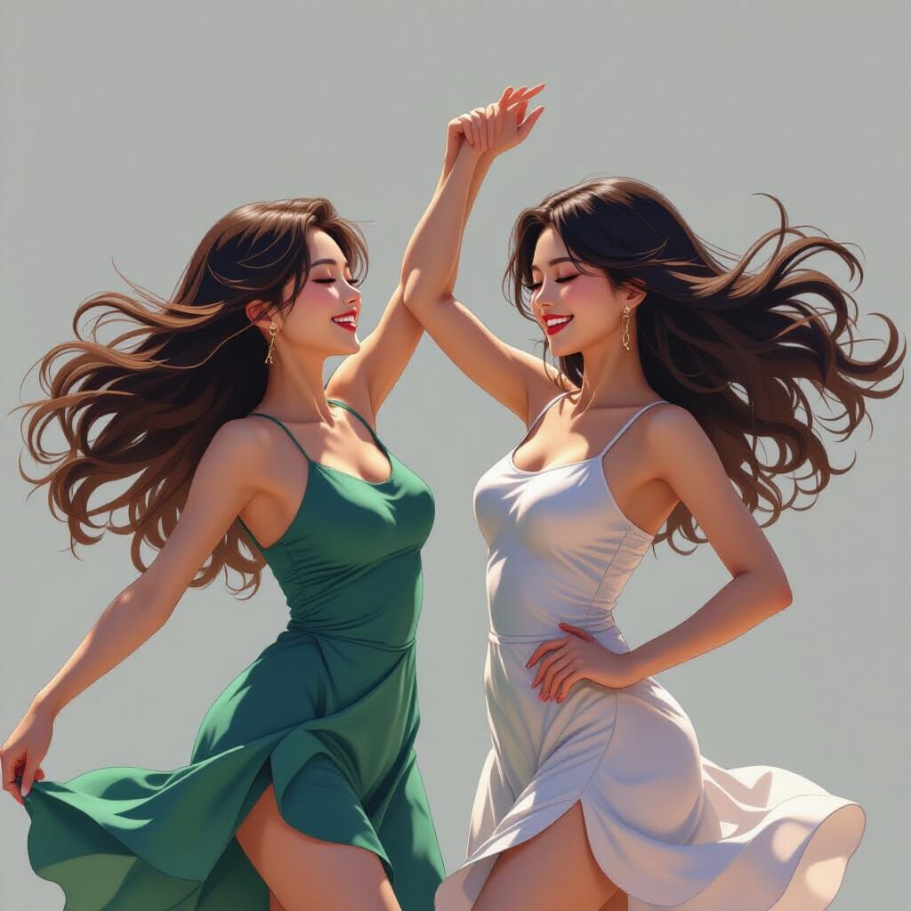 Two Women Dancing Joyfully in Semi-Realistic Anime Style