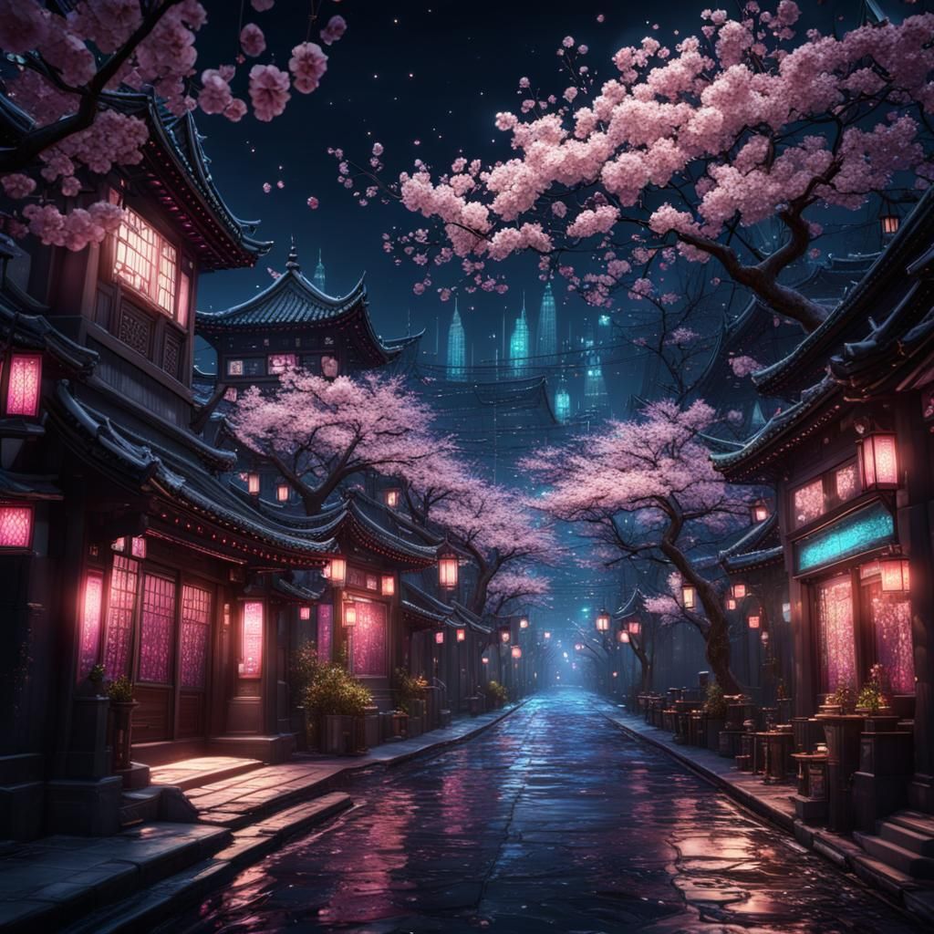Cherry Blossom Street at Night: Fantasy Concept Art