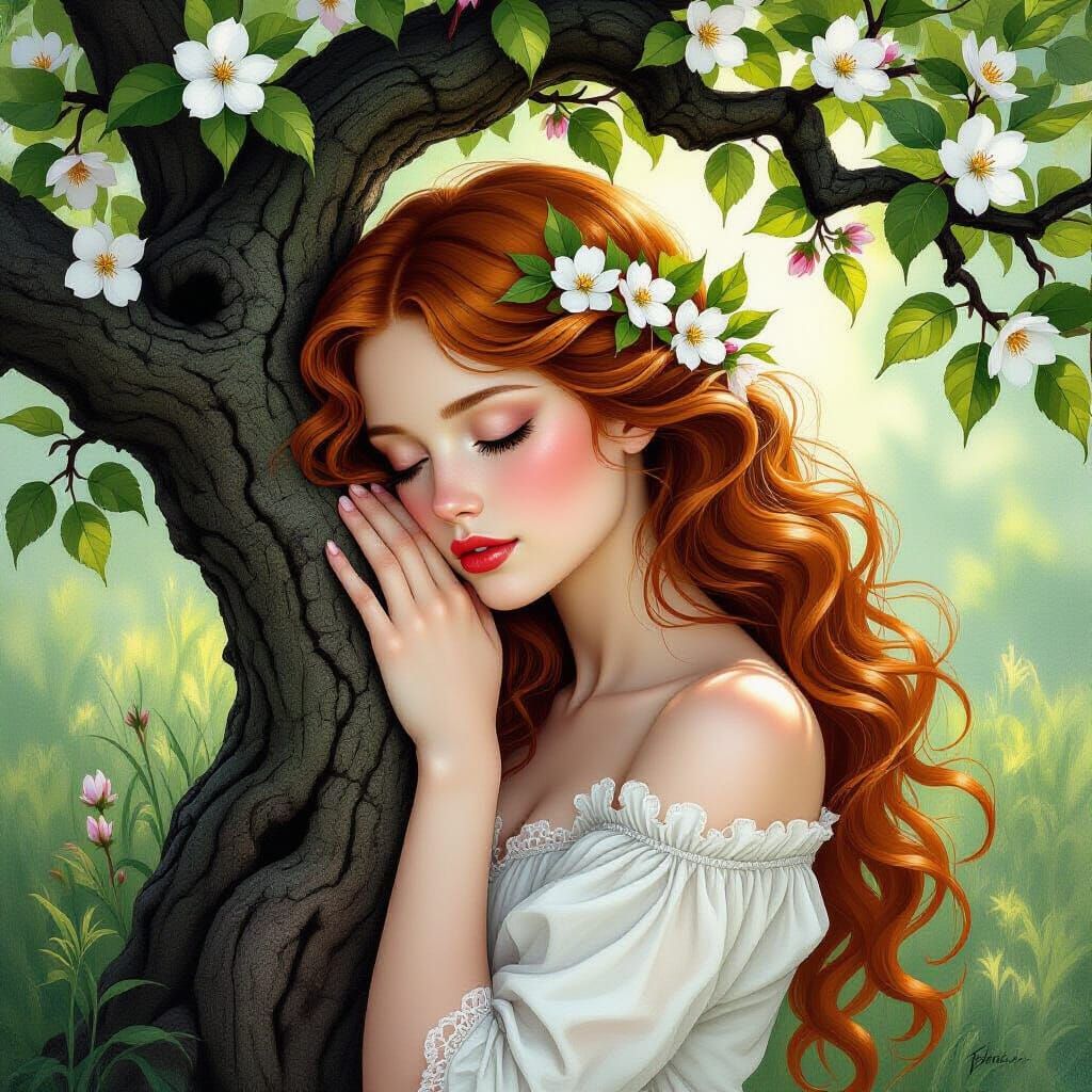 Maiden in Apple Blossoms as Charcoal Drawing