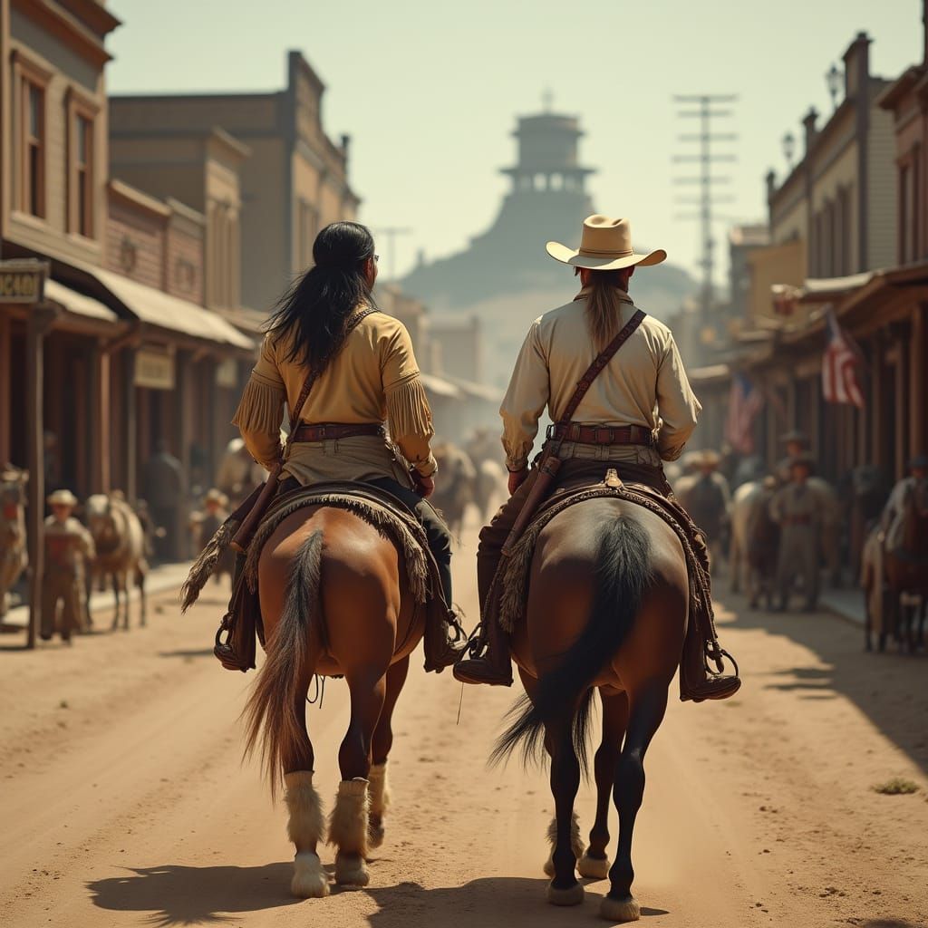 Native American Man and Cowboy in Wild West Street