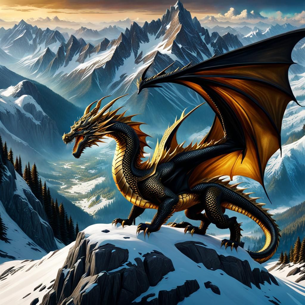 Golden Dragon Soaring Over Mountain Range