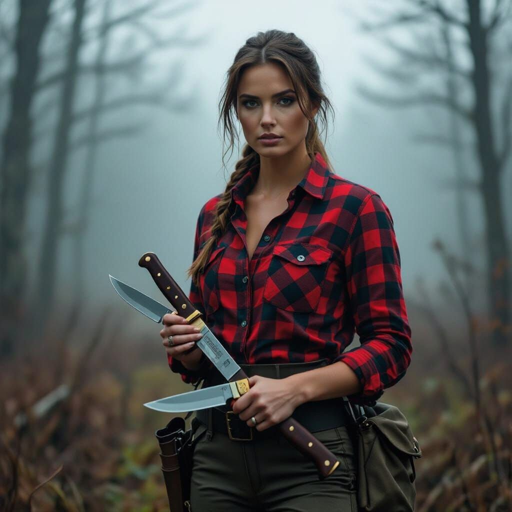 Cinematic Huntress in Misty Forest, Film Still