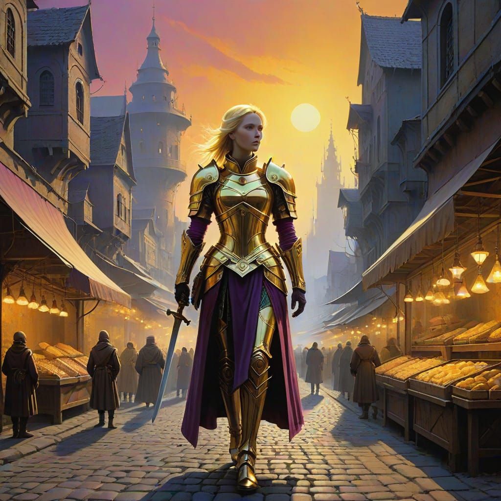 Golden Warrior Princess Walks Medieval Market at Dusk