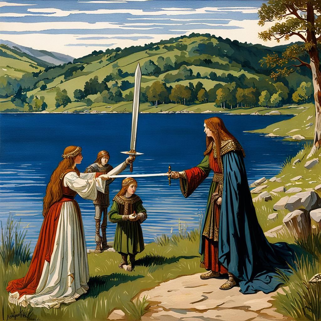 Lady of the Lake Sword Ceremony: Pre-Raphaelite Gouache