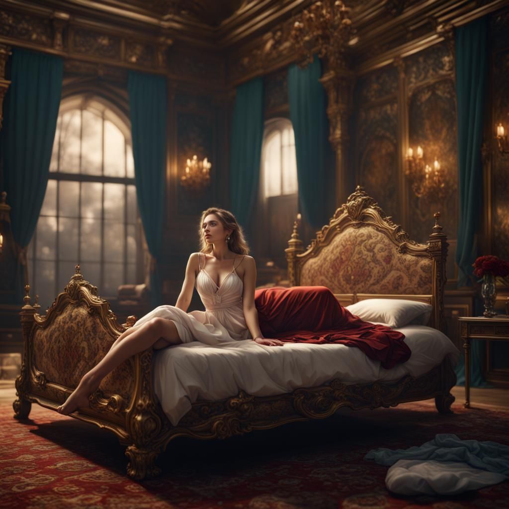 Attractive Woman on Bed: Detailed Fantasy Art