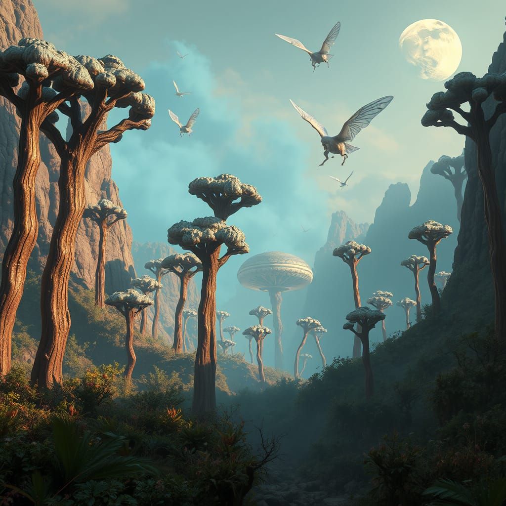 Alien Valley with Iridescent Flora in Digital Painting Style