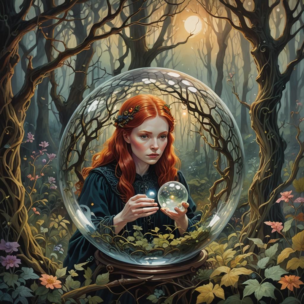 Redhead Woman Gazing into Crystal Ball in Folk Art