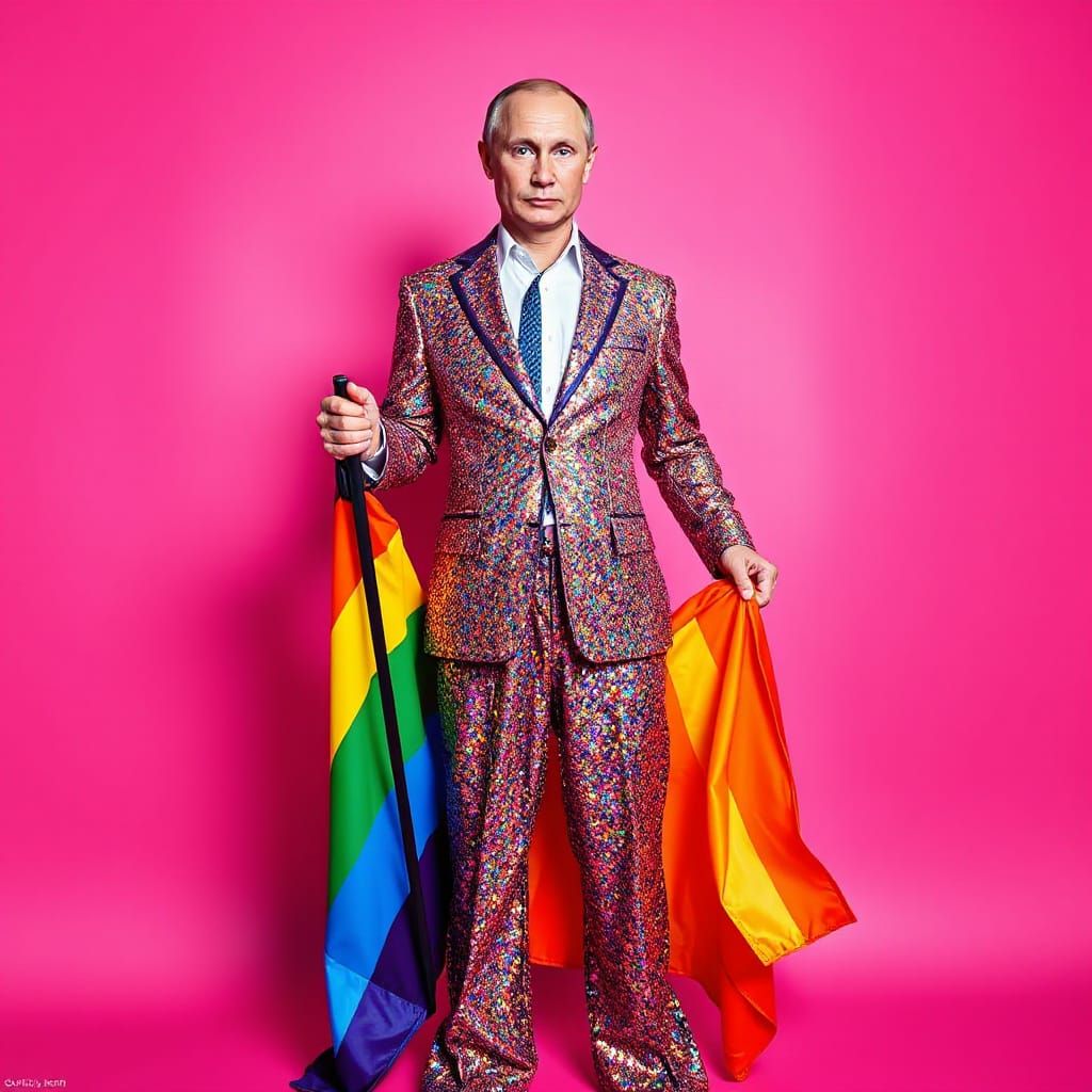 Rainbow Jumpsuit Figure Holding Flag in Pop Art Style