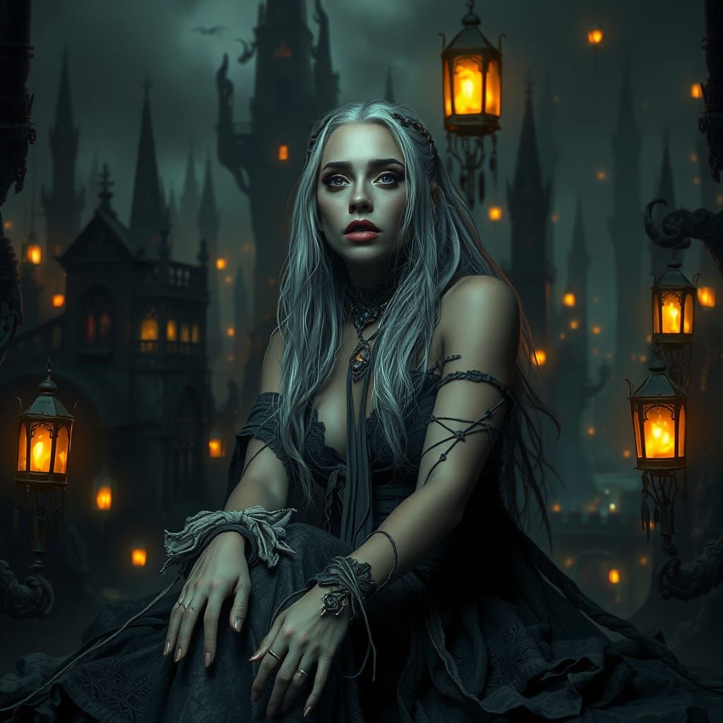 Mystical Lady Gaga in a Haunting, Futuristic Cityscape