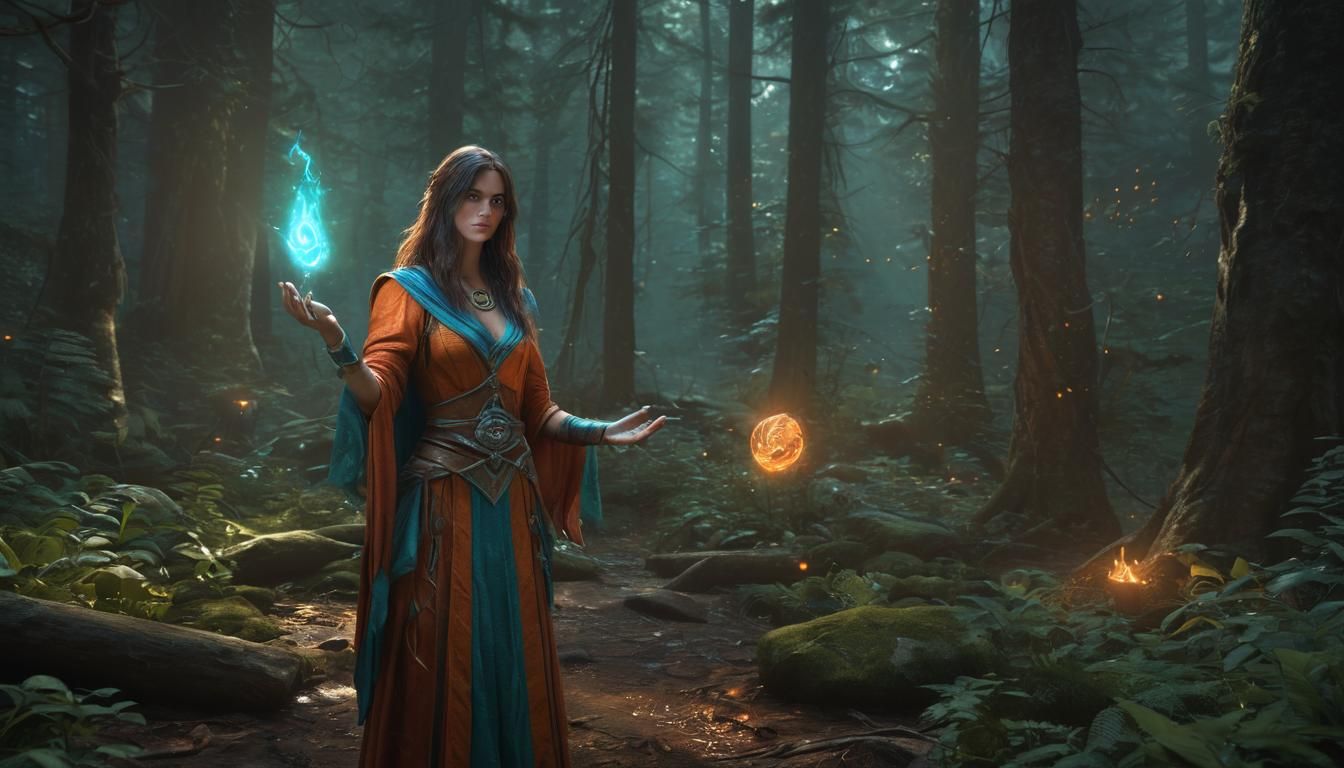 Mystical Sorceress Holding a Glowing Talisman in a Vibrant A...