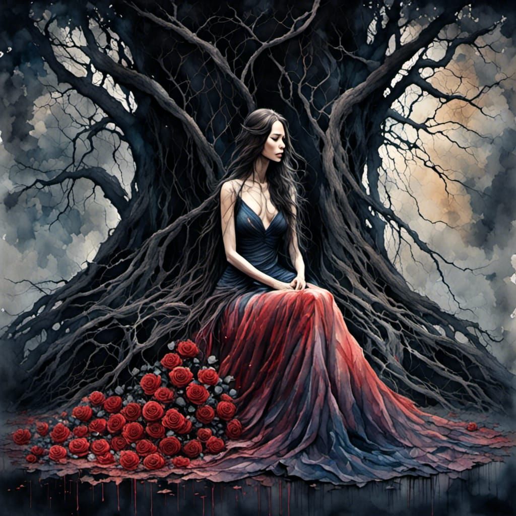 Woman with Rose in Dark Watercolor Style