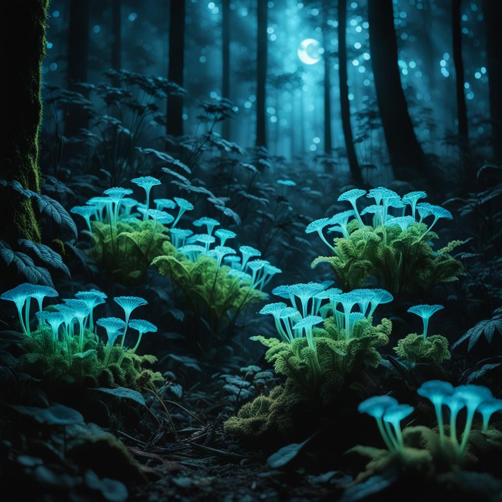 Glowing Bioluminescent Plants in Dark Forest, Macro Photogra...
