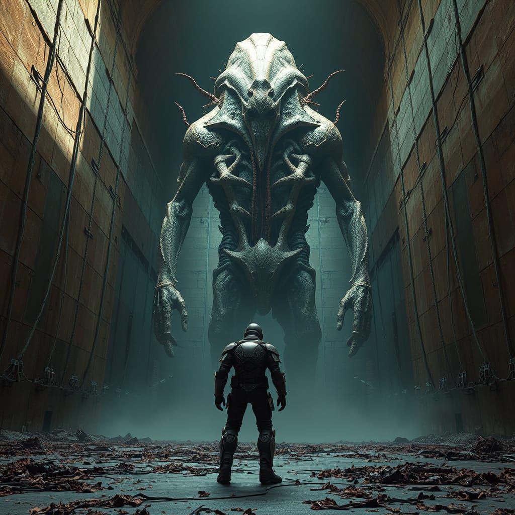 Biomechanical Horror Confrontation in Decayed Cathedral