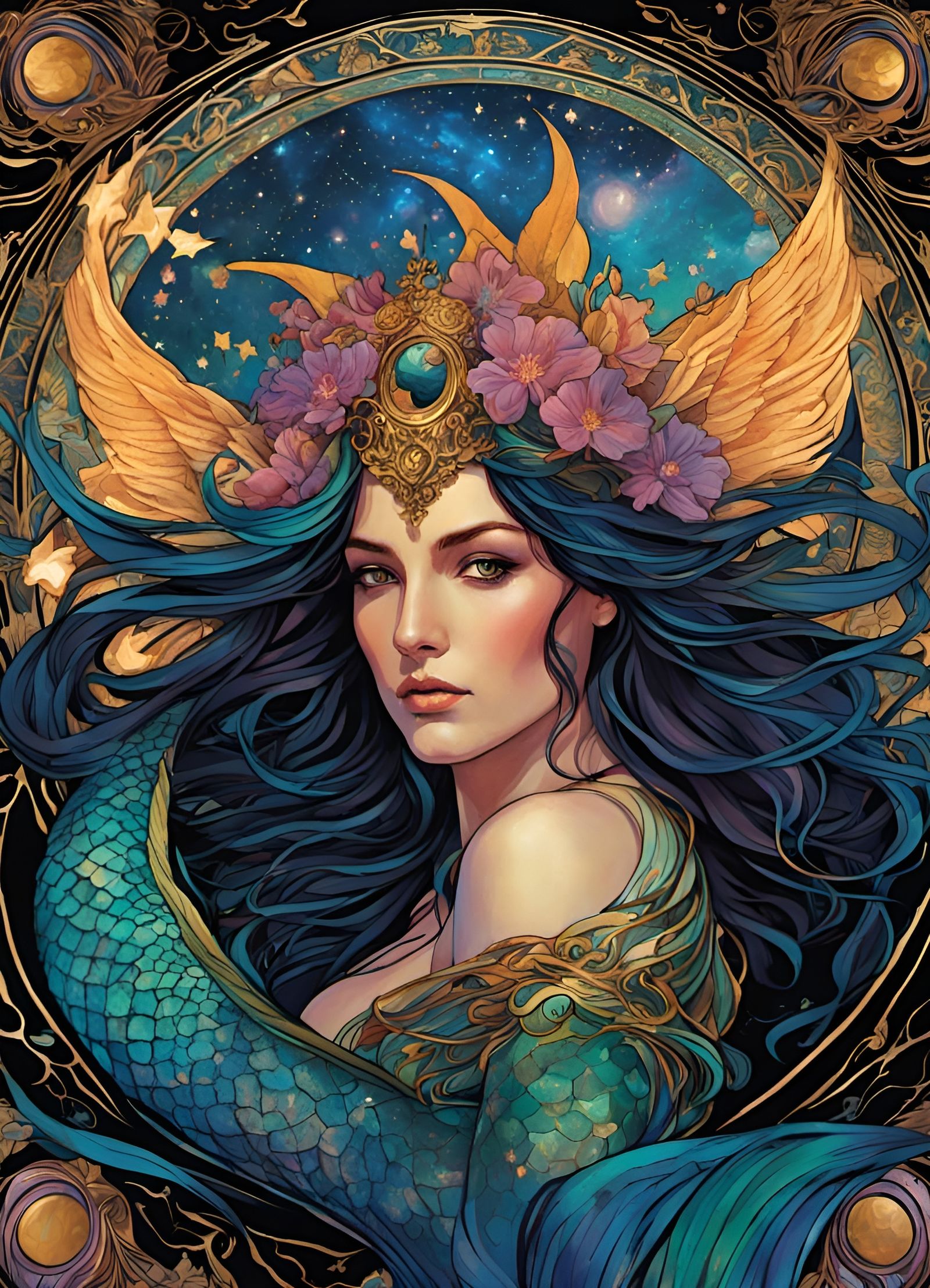 Twilight Cosmic Mermaid Goddess in Rococo Style