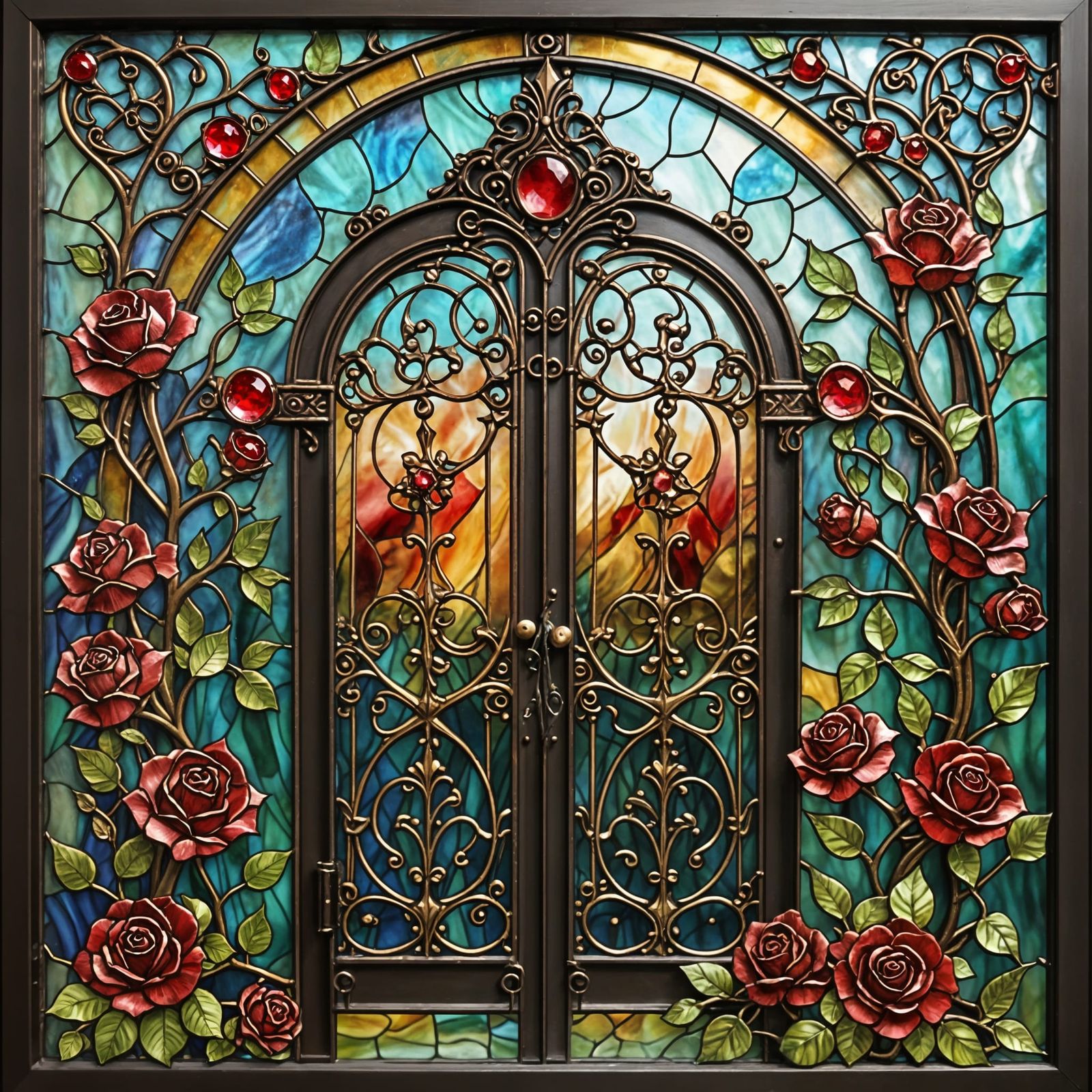 Ornate Rose Gate in Shimmering Stained Glass Style
